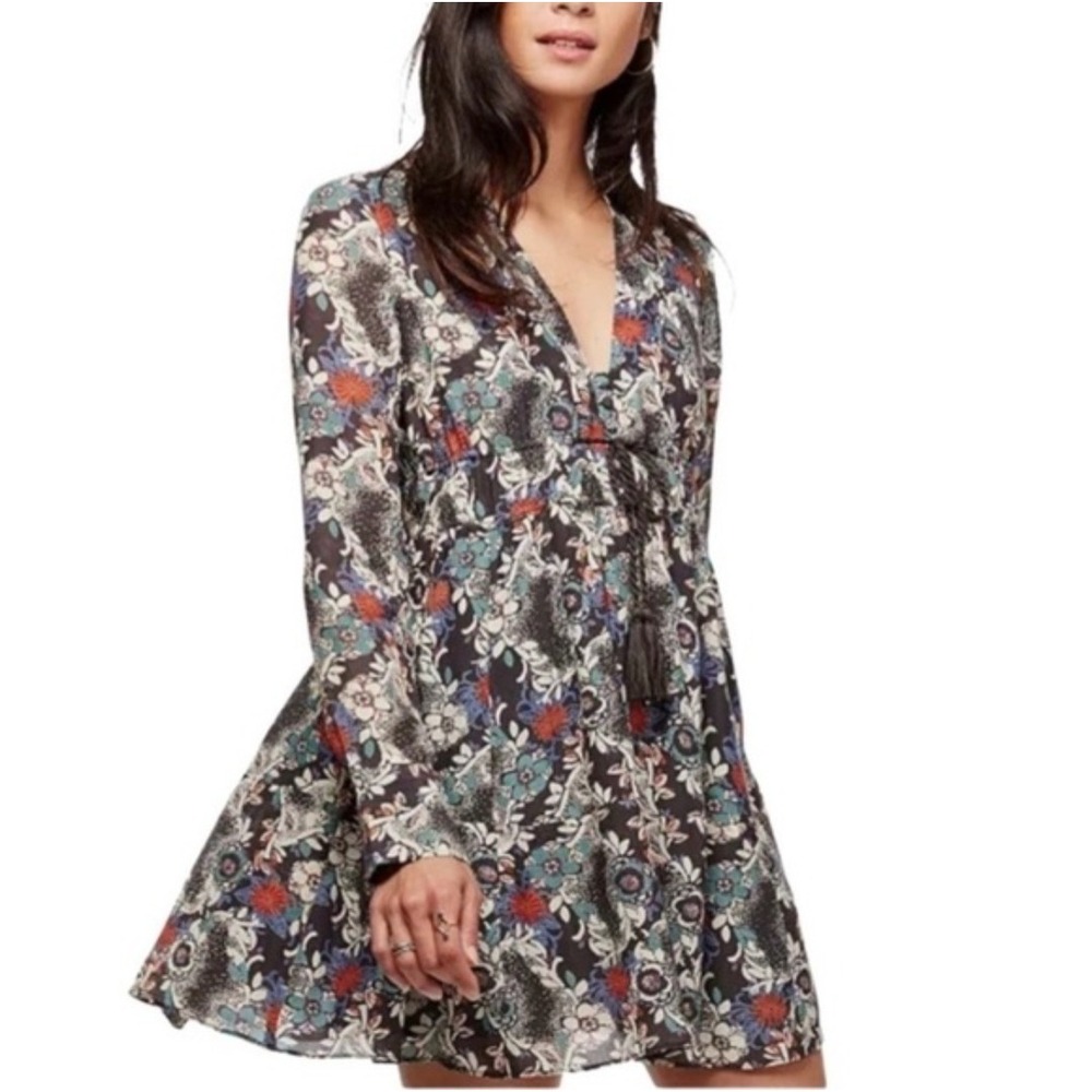 Free People Black Combo Floral Paisley Tassel Mini Dress OB545447 NEW L